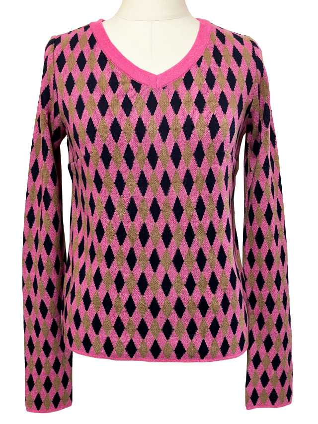 ニット、トップス、ジャカード、長袖、Vネック