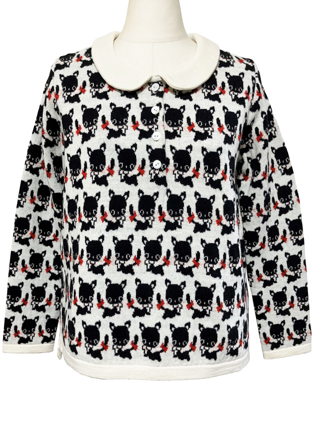 ニット、トップス、ジャカード、長袖、ステンカラー