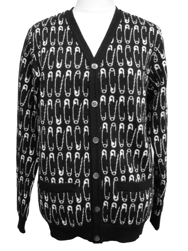 ニット、ユニセックス、安全ピン、ジャガード、Vネック