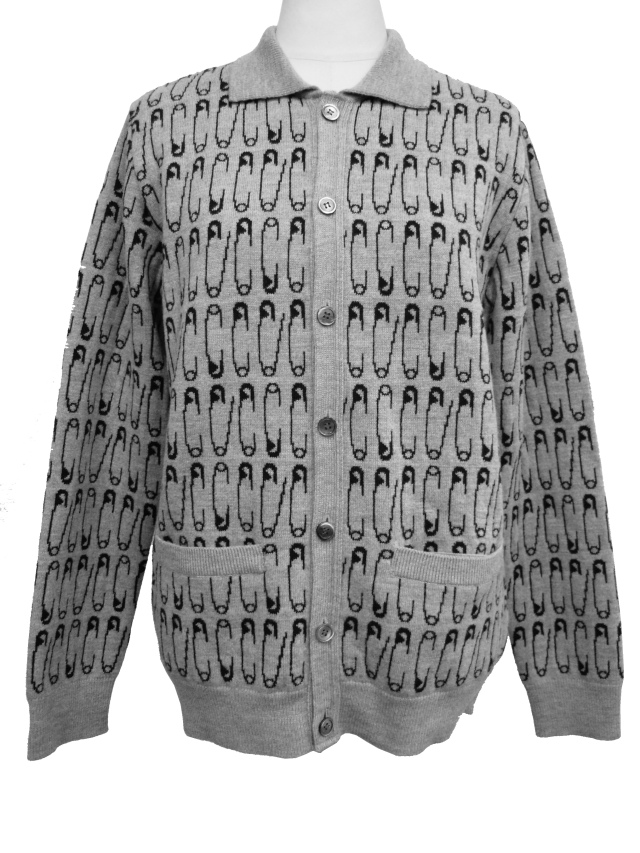 ニット、ユニセックス、安全ピン、ジャガード、Vネック