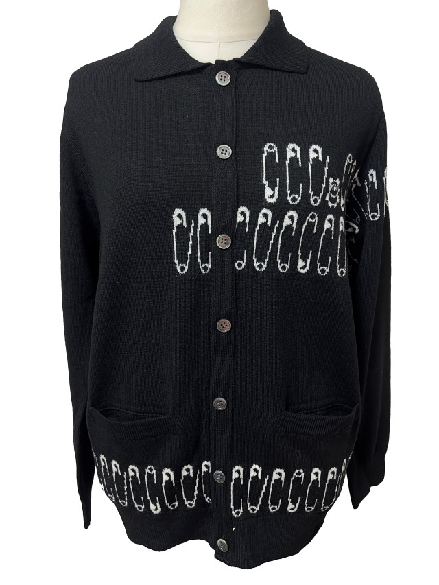 ニット、ユニセックス、安全ピン、ジャガード、ポロ衿