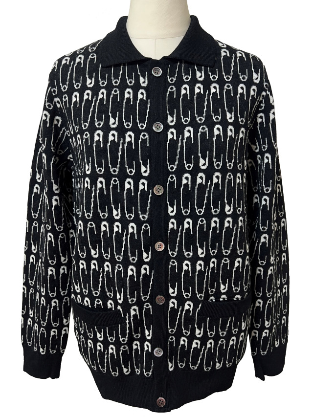 ニット、ユニセックス、安全ピン、ジャガード、ポロ衿