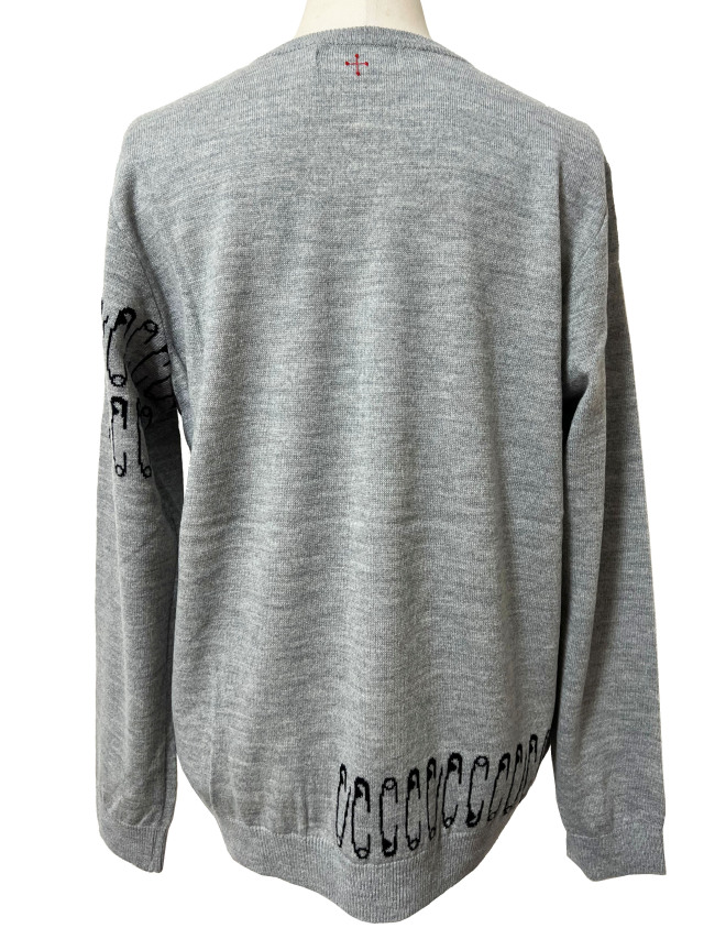 ニット、ユニセックス、安全ピン、ジャガード、Vネック