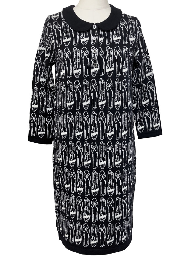 ワンピース、ジャカード、ステンカラー、ニット、長袖