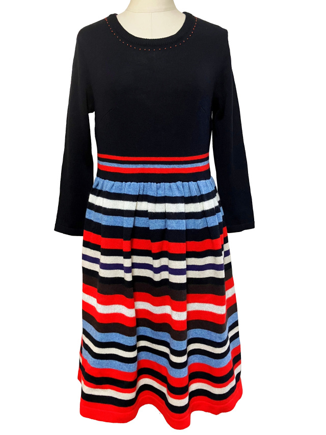 ワンピース、マルチボーダー、クルーネック、ニット、長袖