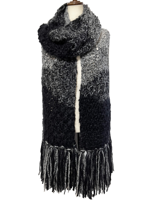 ニット、マフラー、鹿の子編、モノトーン、ショール