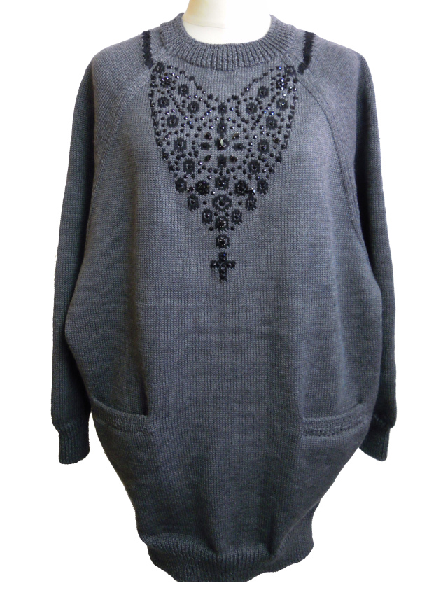 ニット、ワンピース、手編み、ジャガード、クルーネック