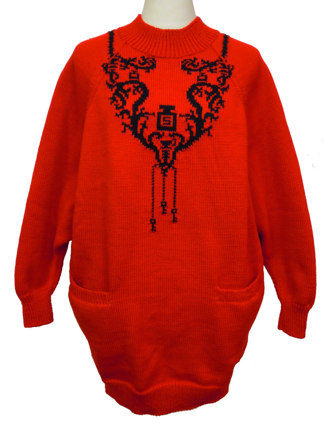 ニット、ワンピース、手編み、ジャガード、クルーネック