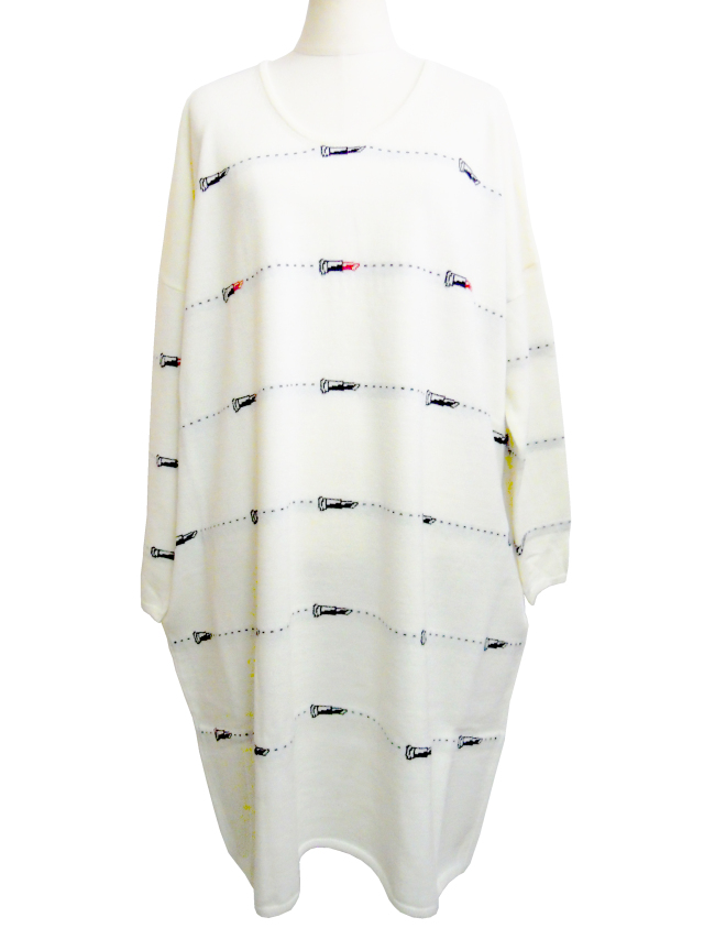 ニット、ワンピース、手編み、ジャガード、クルーネック