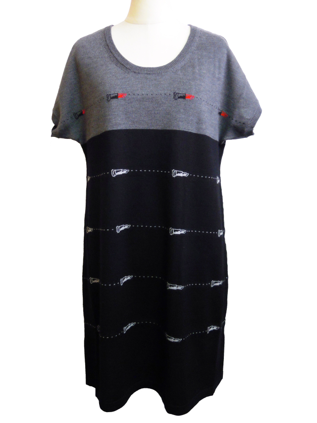 ニット、ジャカード、ワンピース、手編み、半袖