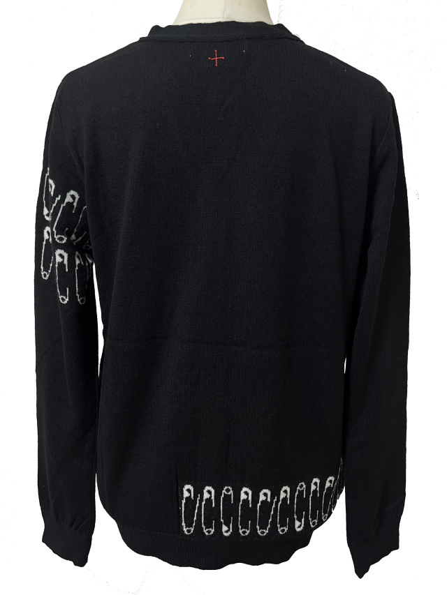 ニット、ユニセックス、安全ピン、ジャガード、Vネック