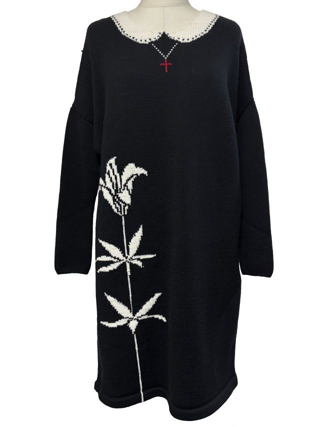 ニット、ワンピース、インターシャ、百合、クルーネック