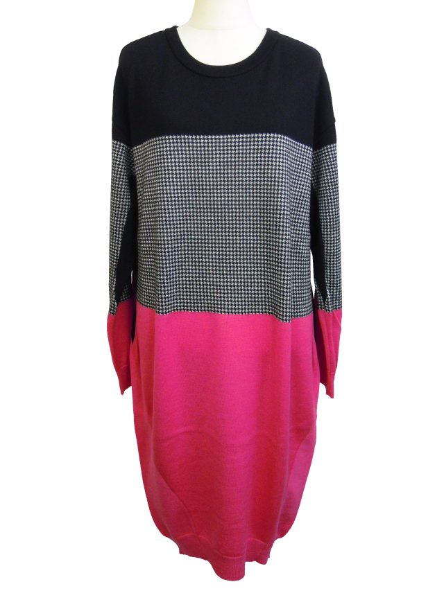 ワンピース、千鳥、ジャカード、ニット、長袖