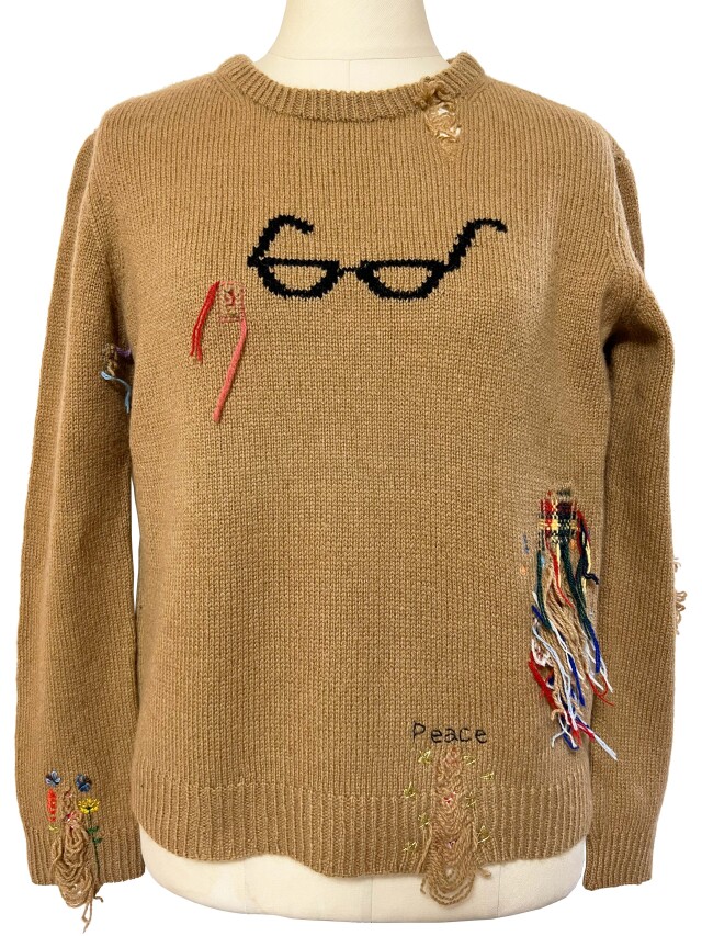 ニット、長袖、ジャカード、フリンジ、トップス