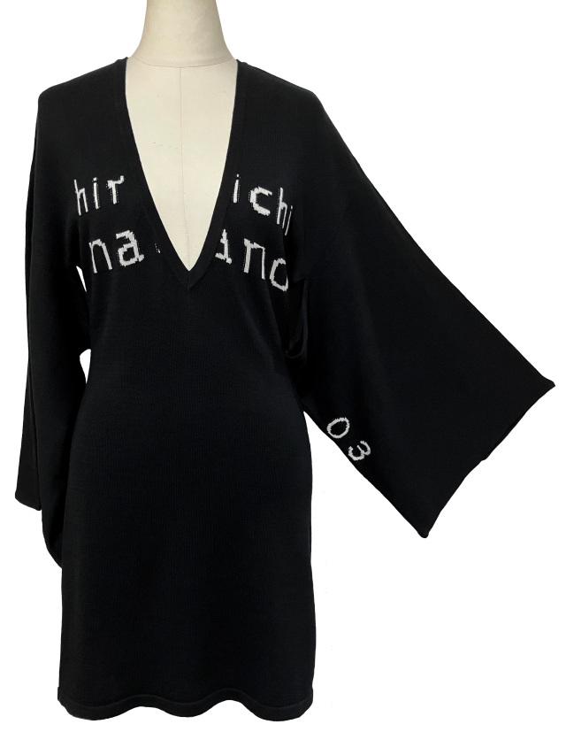 ニット、Vネック、インターシャ、着物スリーブ、ワンピース