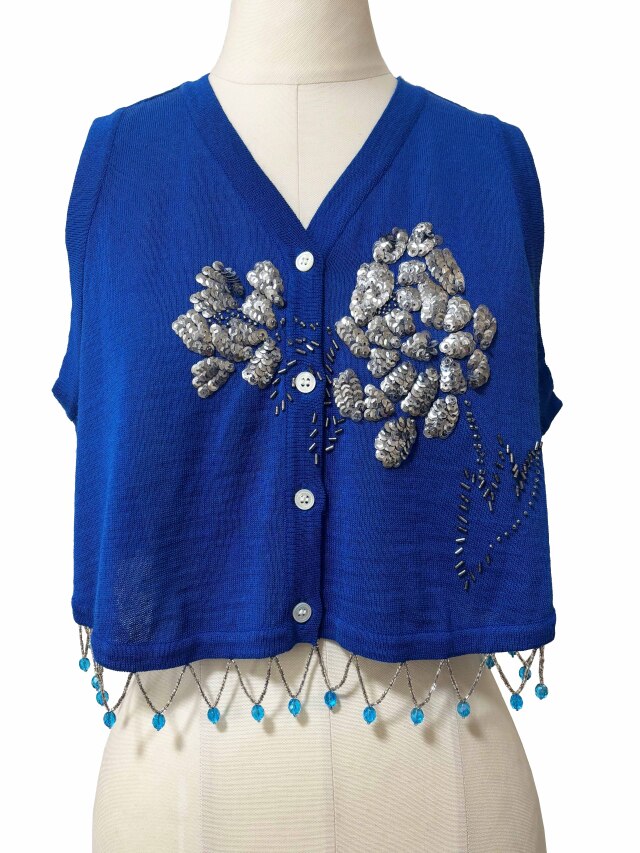 ニット、ノースリーブ、カーディガン、刺繍、ショート丈