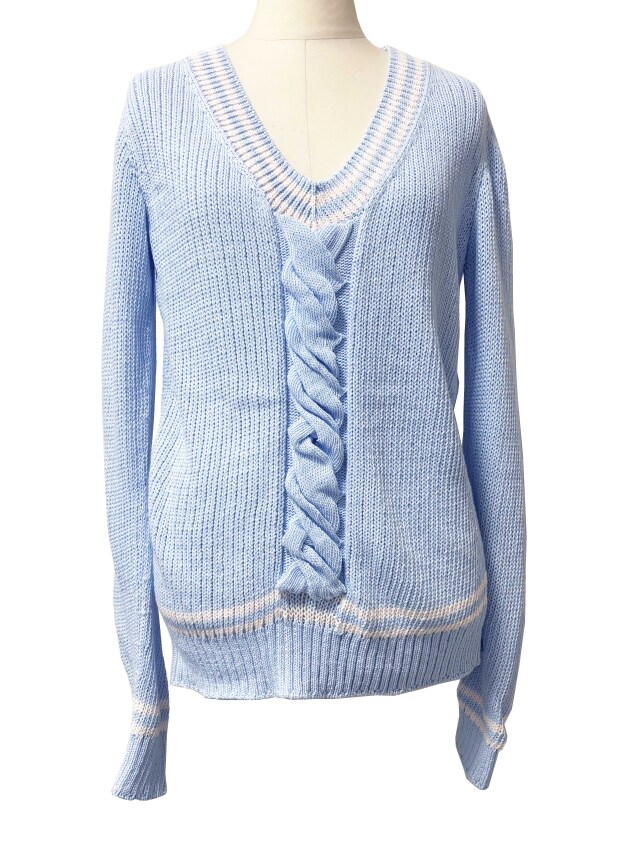 ケーブル編、ニット、Vネック、ハイゲージ、綿