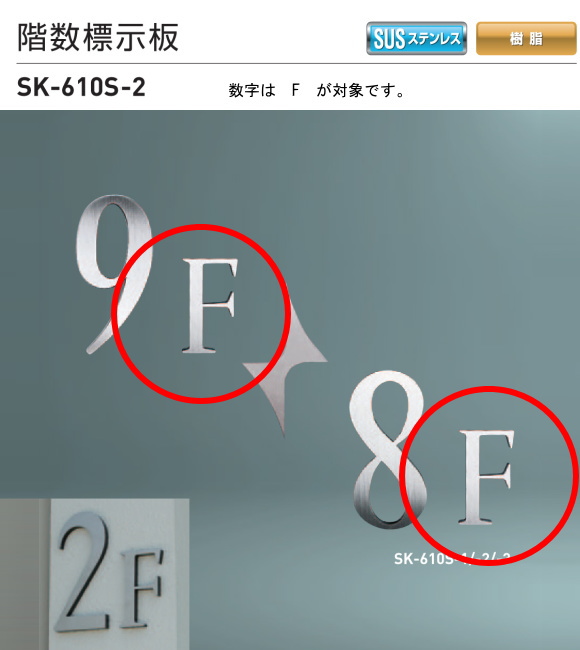 新協和　階数標示板　SK-610S-2　H120xW70xD10。ステンレス製　数字はF。壁面用