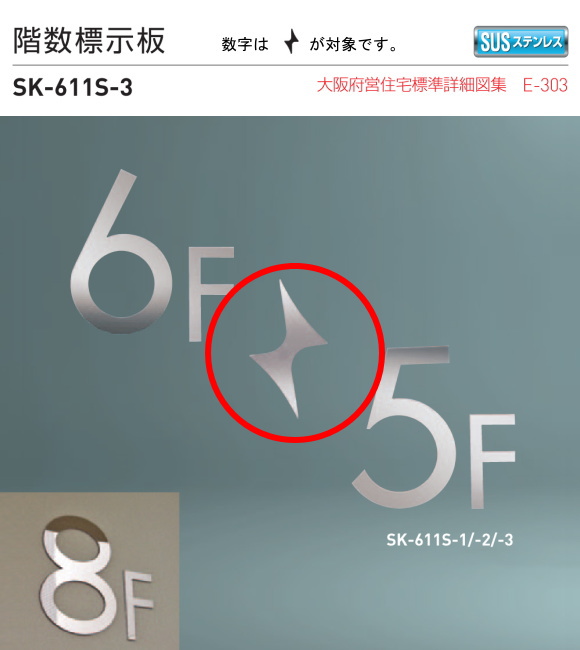 新協和　階数標示板　SK-611S-3　H180xW103xD3　ステンレス製　壁面用