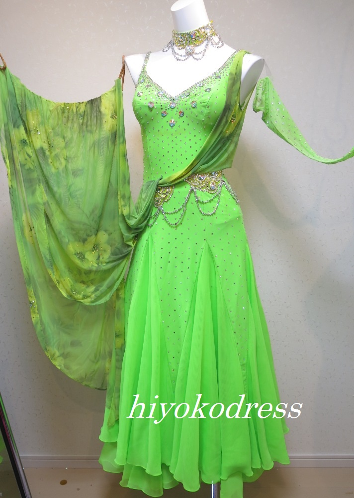 M1117 タカダンス製　蛍光黄緑ドレス（フロート花柄）