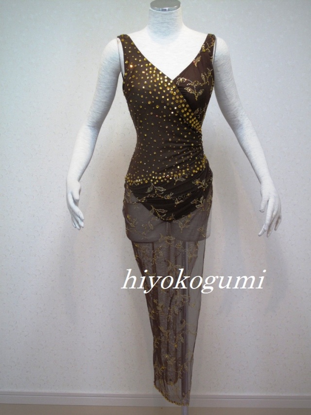 L1092 ブラウンのシースルーラテンドレス