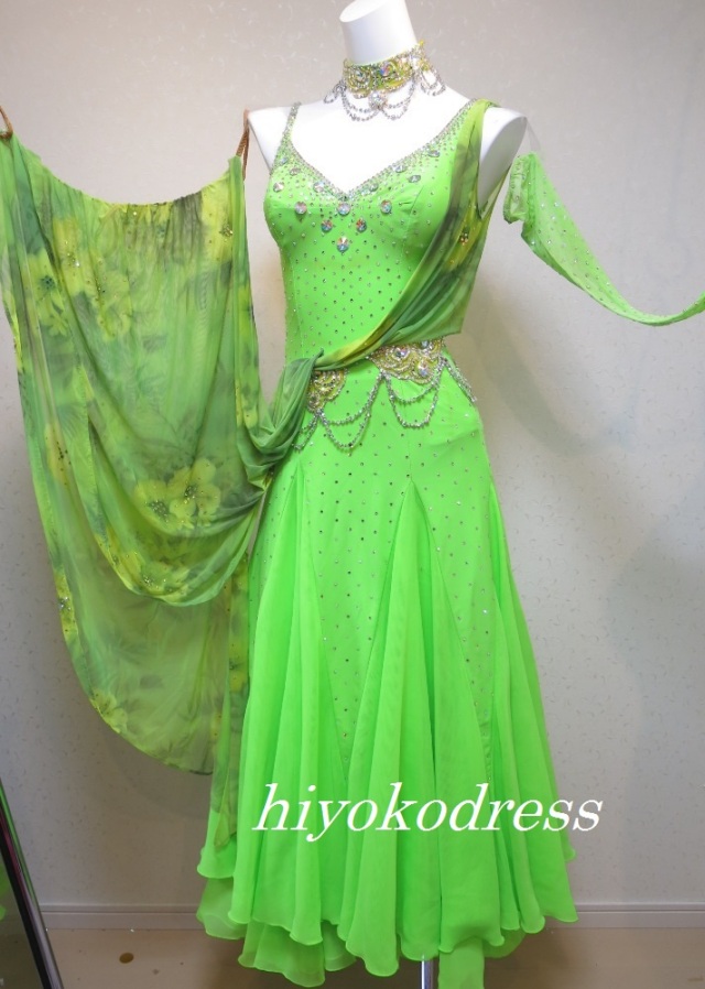 M1117 タカダンス製　蛍光黄緑ドレス（フロート花柄）