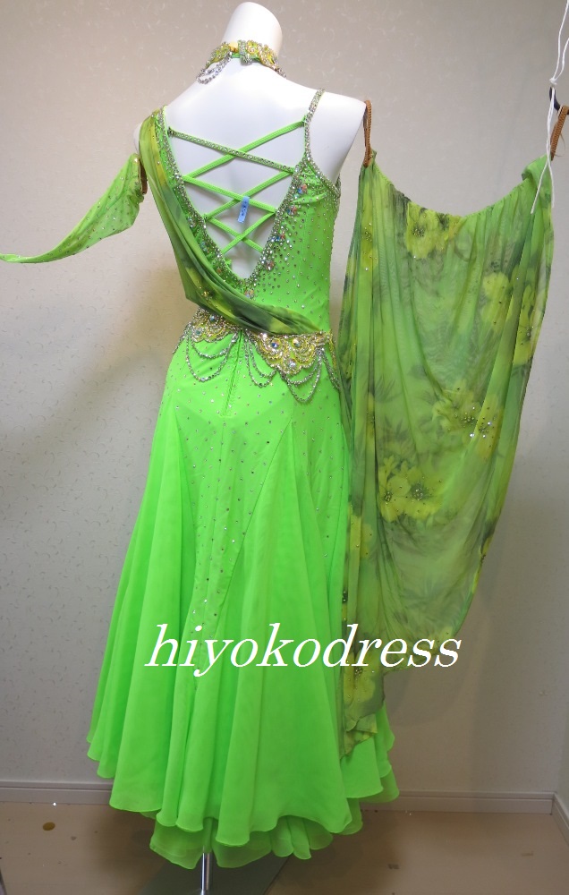 エメラルドグリーン　衣装 M1117 タカダンス製 蛍光黄緑ドレス（フロート花柄）