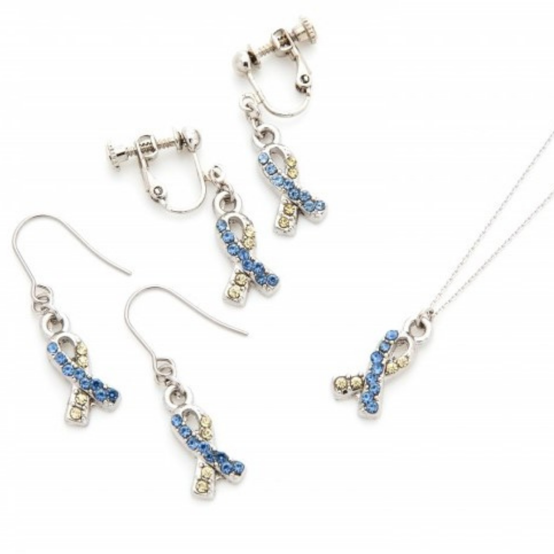 ダウン症シンボル、リボンチャームのネックレス、イヤリング、ピアス、アクセサリー。