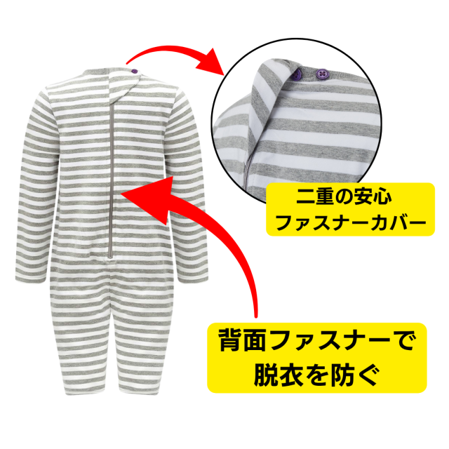介護用、オムツいじり、弄便対策のためのつなぎパジャマ。 半袖半ズボン
