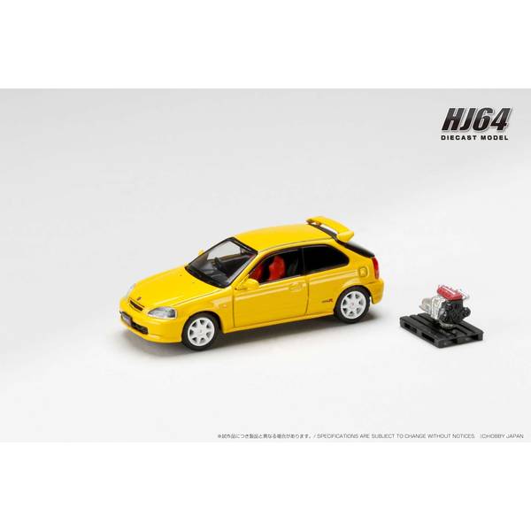 1/64 ホンダ シビック TYPE R EK9 1997 エンジンディスプレイモデル付 サンライトイエロー 完成品ミニカー HJ643016AY