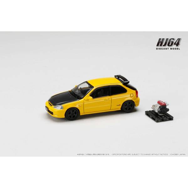 1/64 ホンダ シビック TYPE R EK9 1997 カスタムバージョン エンジン付 サンライトイエロー 完成品ミニカー HJ643016BY