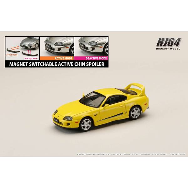 1/64 トヨタ スープラ RZ JZA80 純正オプション アクティブスポイラー付 スーパーブライトイエロー 完成品ミニカー HJ643042Y