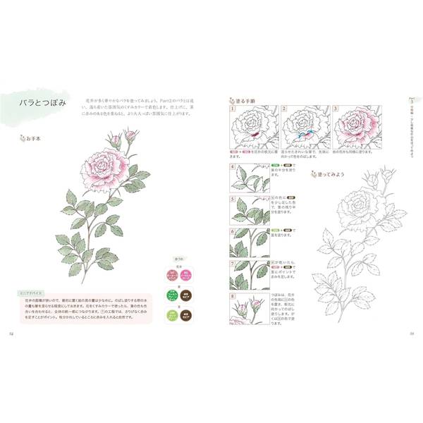 塗り絵でまなぶ　花の水彩イラスト　一輪の花からブーケ、リースまで