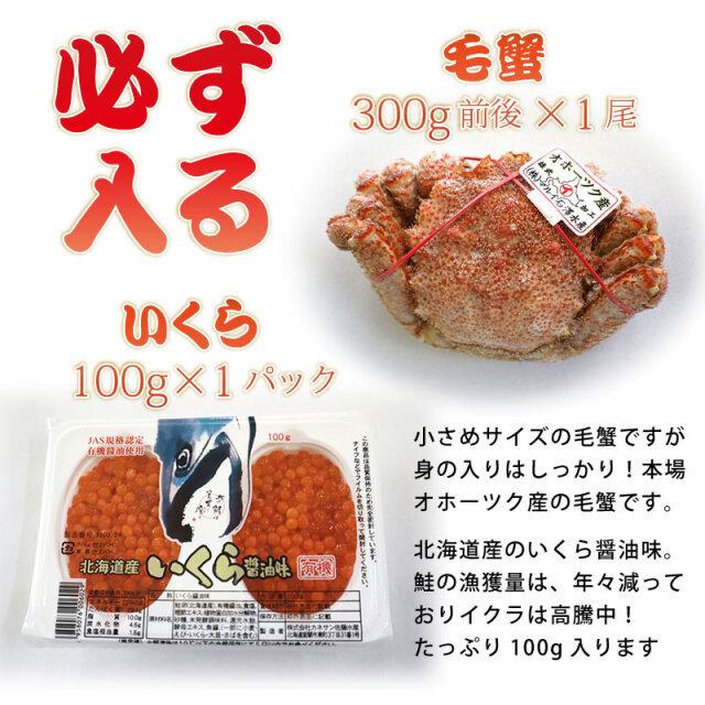 海鮮福箱 毛ガニ300g1尾 + いくら100g 他 海鮮全7種を詰め込みました