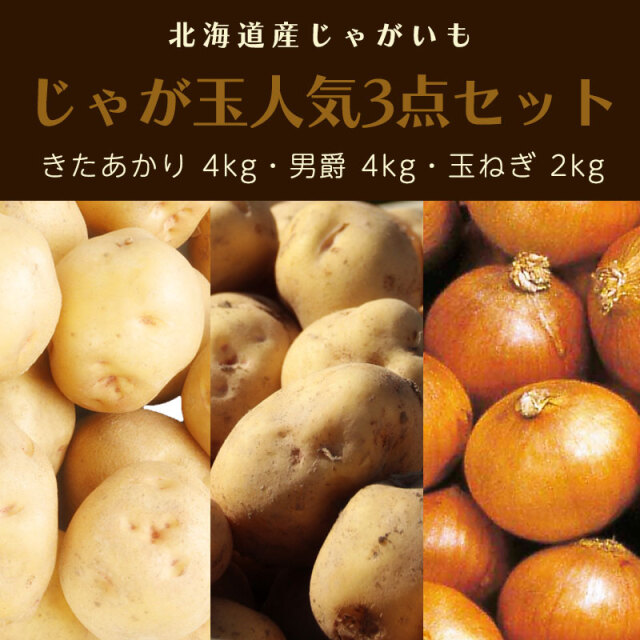 じゃが玉人気3点セット（きたあかり 4kg 男爵 4kg 玉ねぎ 2kg）