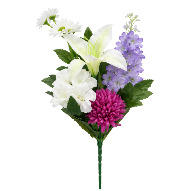 【仏花 造花】枯れないお供え花 30cm（白ユリと紫小花のミニ仏花）コンパクト お盆 初盆 新盆 仏壇用〔91-065〕