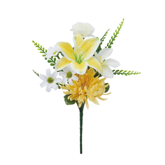 【仏花 造花 仏壇用 お供え花】イエローユリと小花のミニ仏花（枯れない）〔91-063〕