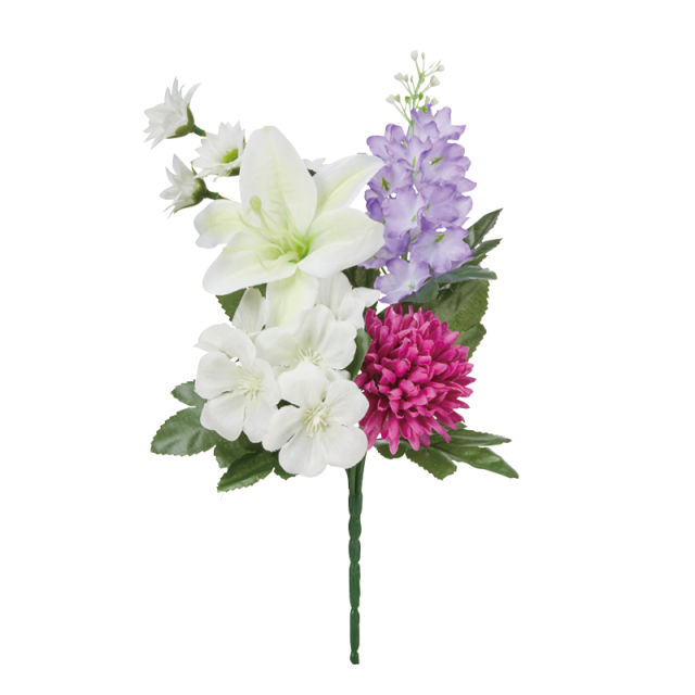 【仏花 造花 仏壇用 お供え花】 白ユリと紫小花のミニ仏花（枯れない）〔91-065〕