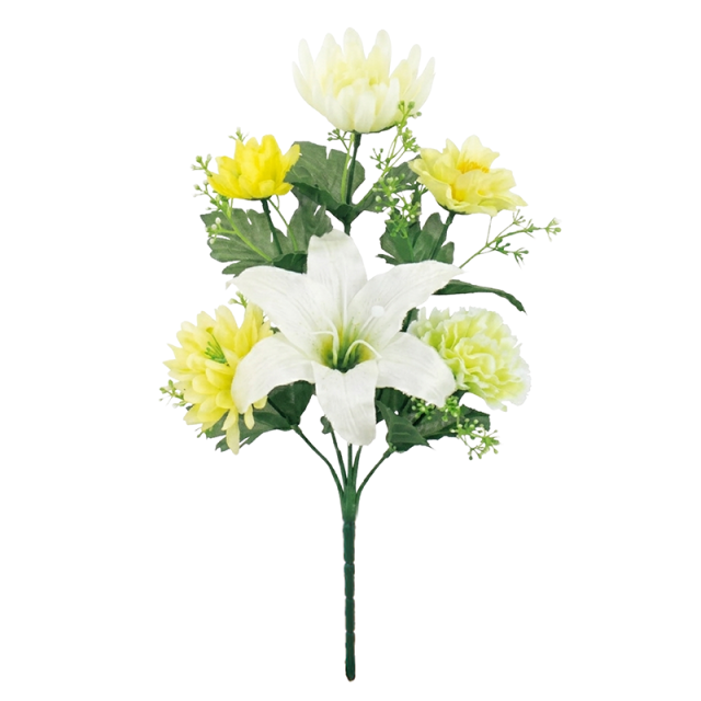 【仏花 造花 仏壇用 お供え花】 白ユリと淡い黄色のミックス仏花（枯れない）〔91-066〕