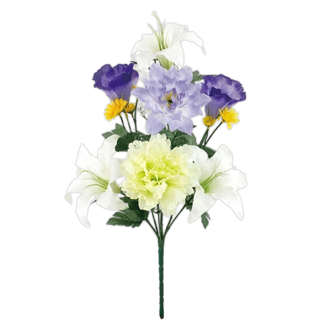 白ユリと紫・黄色のミックス仏花(枯れない)〔91-070〕