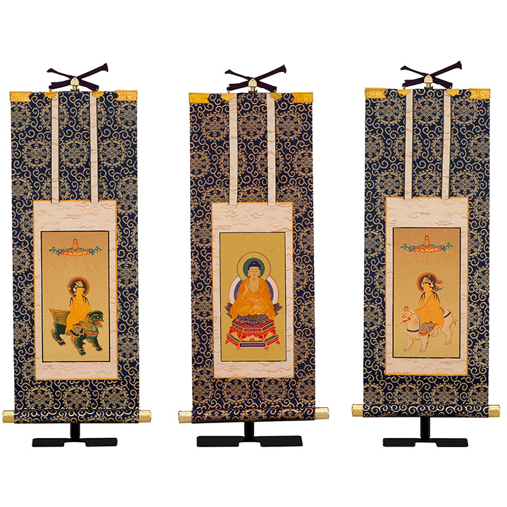 【掛軸】臨済宗本尊掛軸と両脇掛軸　豆代　掛軸台付