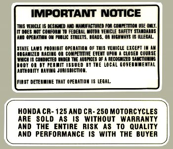 1976-78 Honda CR125 1976-77 CR250 Elsinore Warningデカール（2ｐｃｓ）