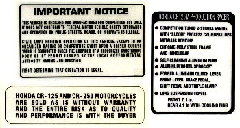 1974-75 Honda CR125 Elsinore Warningデカール（3ｐｃｓ）