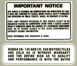 1976-78 Honda CR125 1976-77 CR250 Elsinore Warningデカール（2ｐｃｓ）