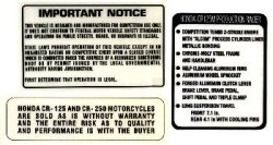 1974-75 Honda CR125 Elsinore Warningデカール（3ｐｃｓ）