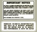 1976-78 Honda CR125 1976-77 CR250 Elsinore Warningデカール（2ｐｃｓ）