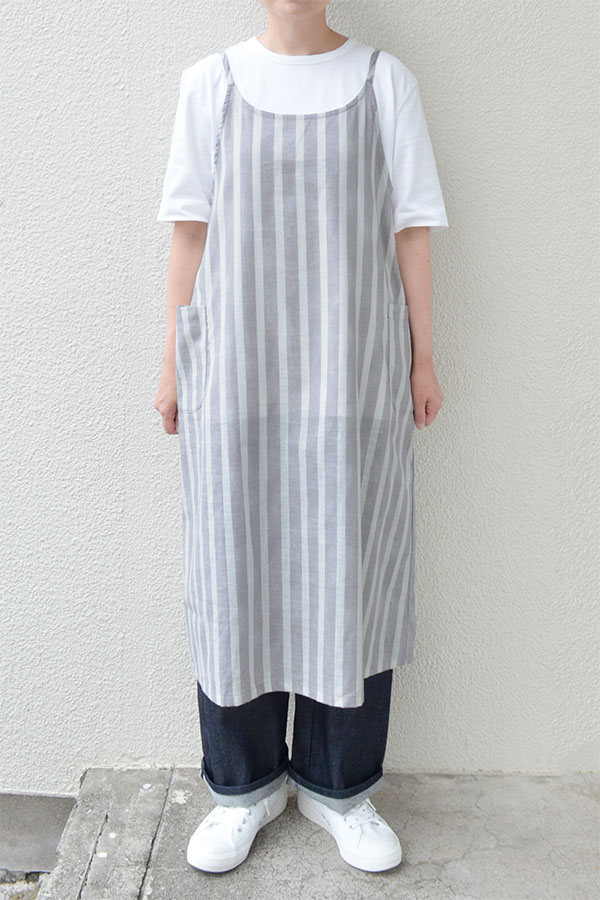 【メール便送料無料】ムラ糸ストライププリント ギャザーエプロンワンピース(全2色）