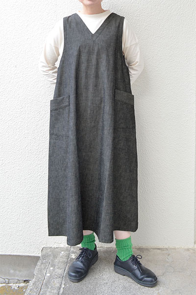 【再入荷】【送料無料】コットンリネンワッシャー ジャンパースカート(ブラック）