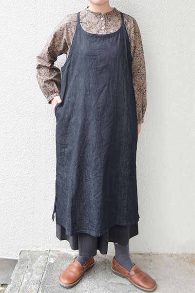 【メール便送料無料】デニム ロングキャミソールエプロン(ネイビー）