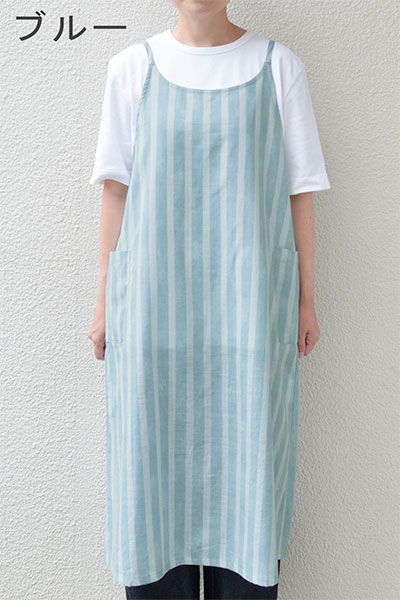 ムラ糸ストライププリント ギャザーエプロンワンピース